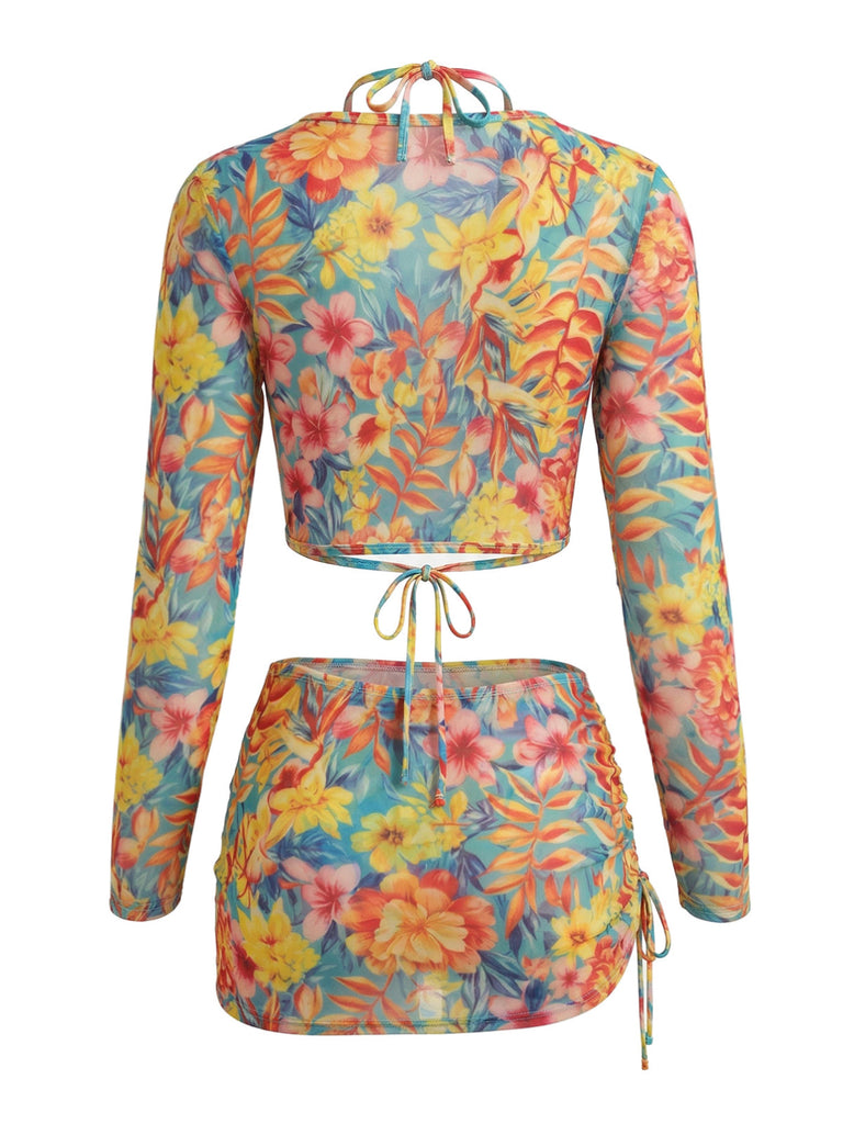 1940s Floral Print Bikini Set 4PCS, vintage swimsuit, pin-up swimwear - perfect for women who love vintage and retro fashion
