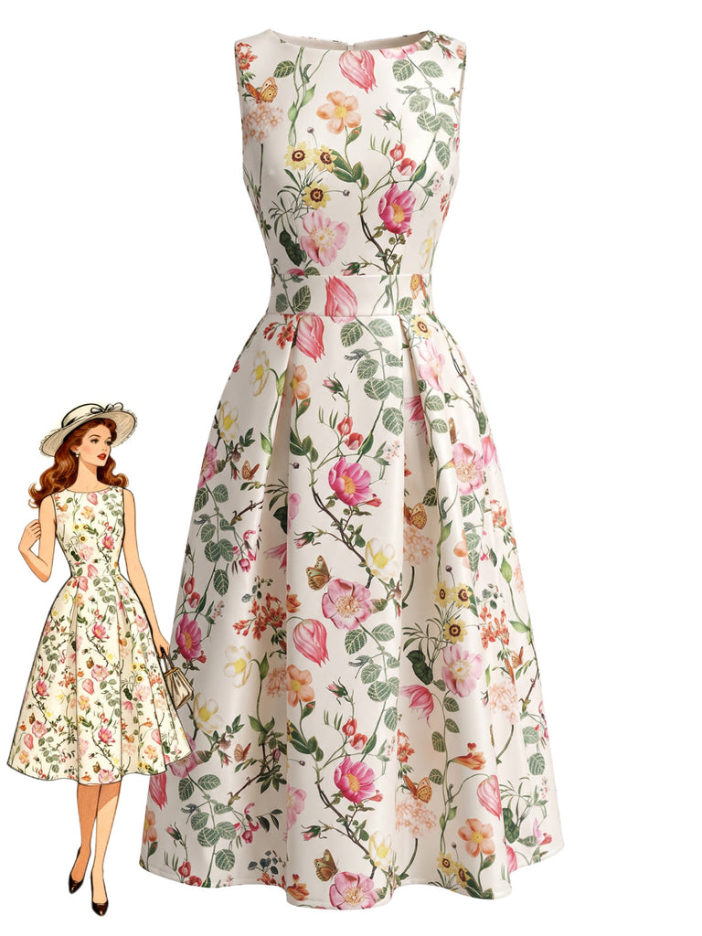 1940s Floral Print Sleeveless A-Line Dress