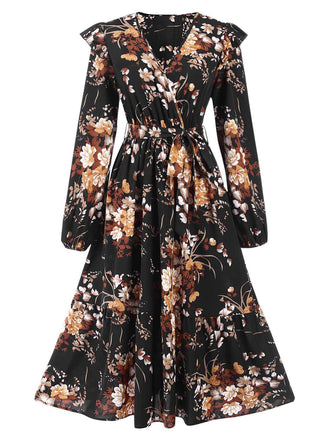 1940s Floral Print V-Neck Wrap Long Sleeve Dress, vintage dress, retro fashion, floral print - perfect for women who love vintage and retro fashion