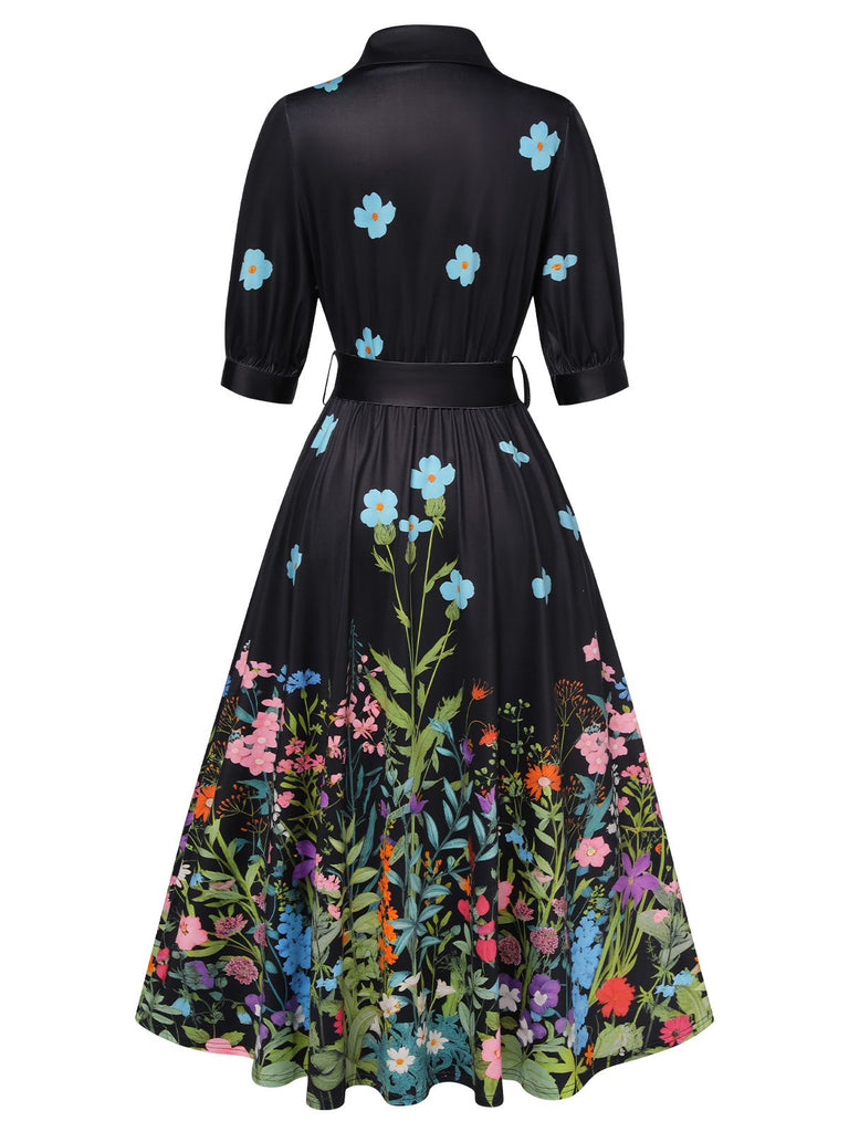 1940s Floral Shirt Neck Belt Dress - vintage dress, retro fashion, elegant style for vintage lovers