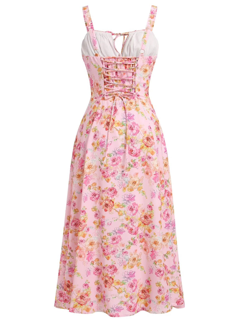 1940s Floral Spaghetti Strap Tie-Front Chiffon A-Line Dress - vintage dress, retro fashion, floral print for vintage lovers