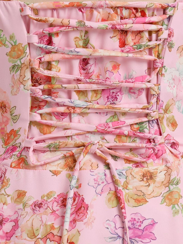 1940s Floral Spaghetti Strap Tie-Front Chiffon A-Line Dress - vintage dress, retro fashion, floral print for vintage lovers