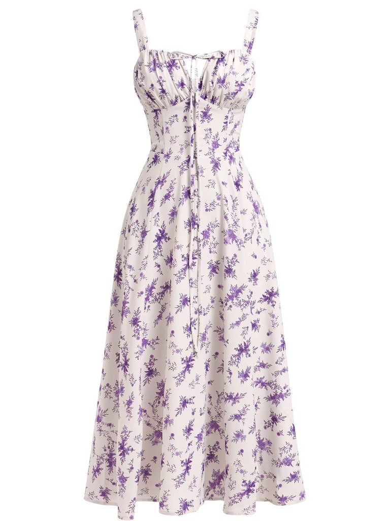 1940s Floral Spaghetti Strap Tie-Front Chiffon A-Line Dress - vintage dress, retro fashion, floral print for vintage lovers