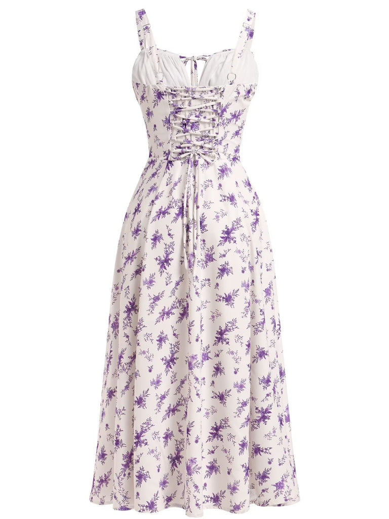 1940s Floral Spaghetti Strap Tie-Front Chiffon A-Line Dress - vintage dress, retro fashion, floral print for vintage lovers