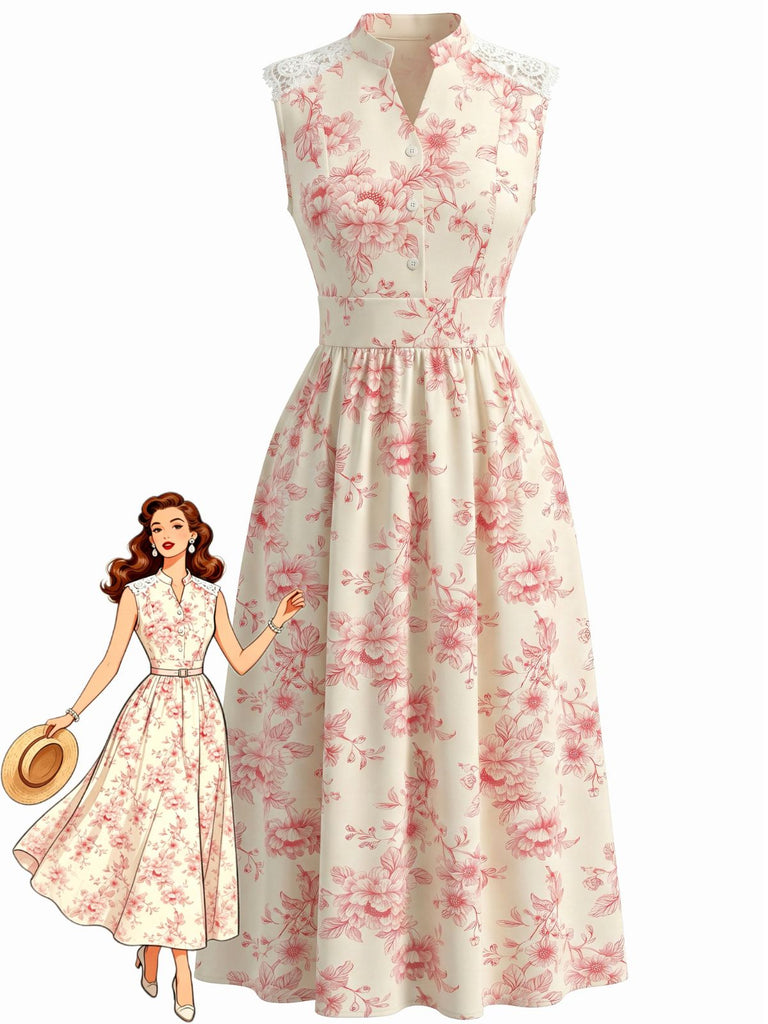 1940s Floral Stand Collar Lace Midi Dress - vintage dress, retro fashion, floral print, lace detail for vintage lovers