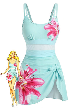 1940s Floral Strappy Scoop-Neck Tie Mesh Swim Dress, vintage dress, retro fashion, floral print - perfect for women who love vintage and retro fashion