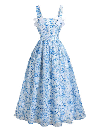 Blue 1940s Square Neck Starry Night Bow Swing Dress - vintage dress, retro fashion, rockabilly, pin-up fashion for vintage lovers