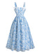 Blue 1940s Square Neck Starry Night Bow Swing Dress - vintage dress, retro fashion, rockabilly, pin-up fashion for vintage lovers