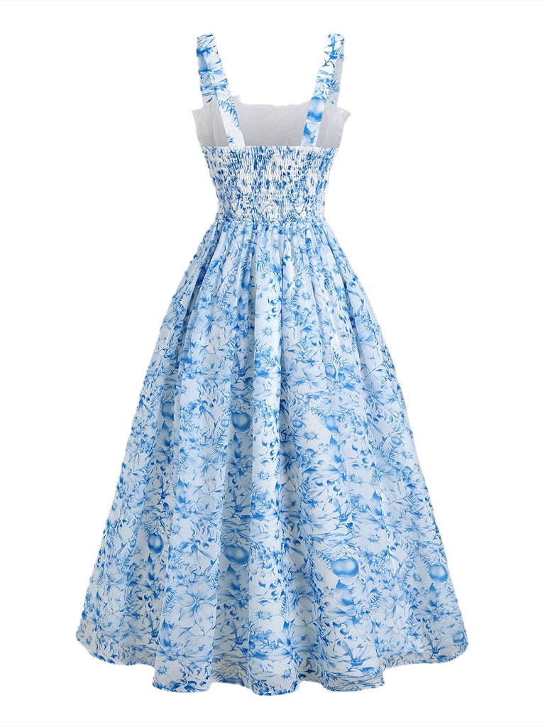 Blue 1940s Square Neck Starry Night Bow Swing Dress - vintage dress, retro fashion, rockabilly, pin-up fashion for vintage lovers