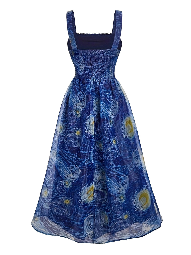 Blue 1940s Square Neck Starry Night Bow Swing Dress, vintage dress, retro fashion, rockabilly, pin-up fashion, women, elegant
