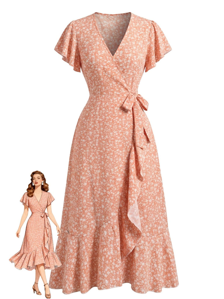 1940s Floral Tie V-Neck Maxi Dress, vintage dress, retro fashion, floral print - perfect for women who love vintage and retro fashion