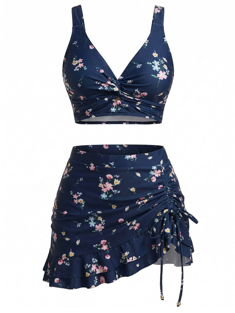 1940s-Floral-Twist-Front-Bikini-Set-Ruffled-Cover-Up, vintage, retro, swimwear