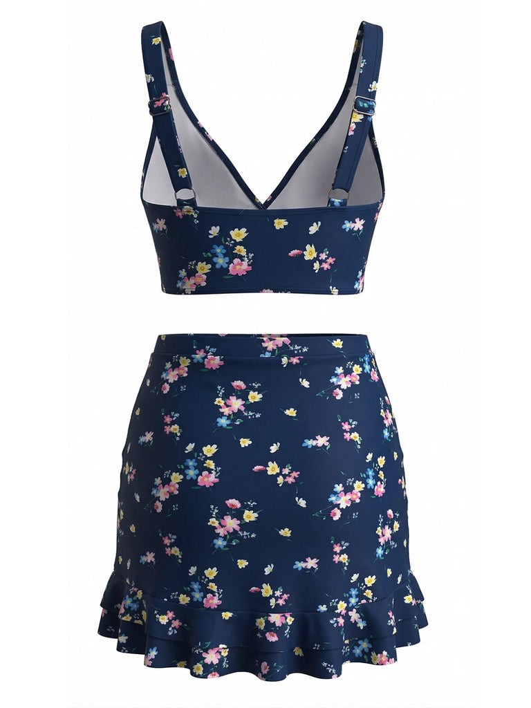 1940s-Floral-Twist-Front-Bikini-Set-Ruffled-Cover-Up, vintage, retro, swimwear