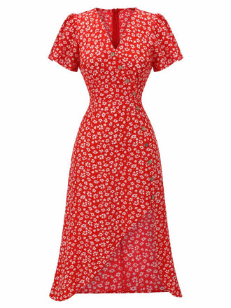1940s Floral V-Neck Added Button Dress: timeless style reimagined