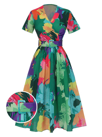 1940s Floral V-Neck Belt Dress, vintage dress, retro fashion, floral print - perfect for women who love vintage and retro fashion