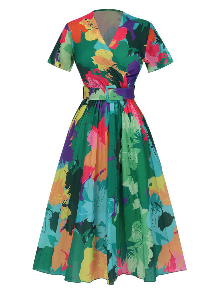 1940s Floral V-Neck Belt Dress, vintage dress, retro fashion, floral print - perfect for women who love vintage and retro fashion