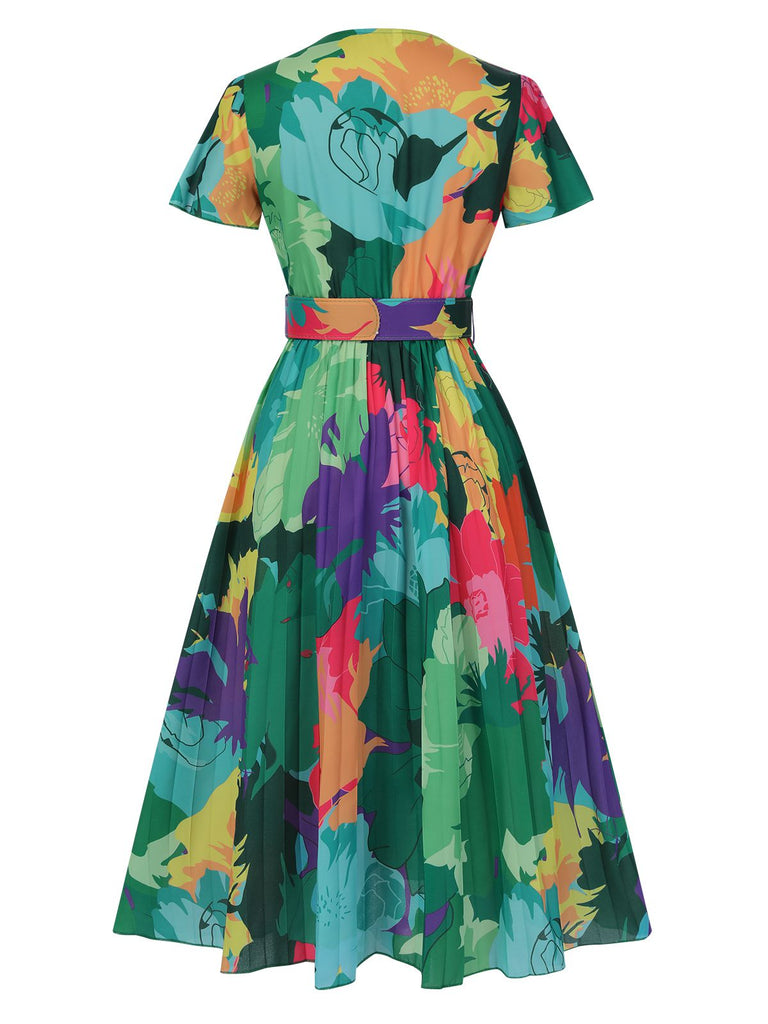 1940s Floral V-Neck Belt Dress, vintage dress, retro fashion, floral print - perfect for women who love vintage and retro fashion