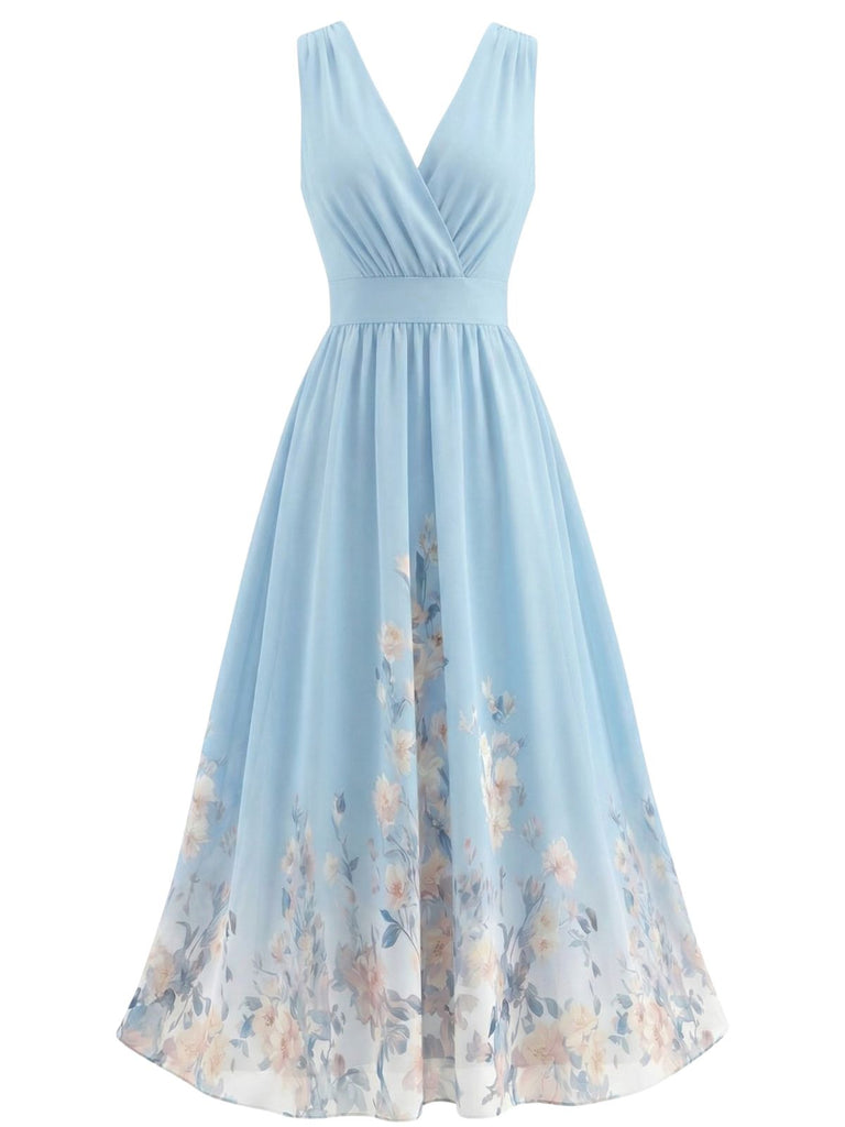1940s Floral V-Neck Sleeveless Midi Dress - vintage dress, retro fashion, floral print for vintage lovers