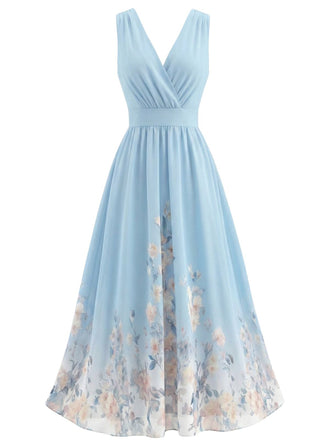 1940s Floral V-Neck Sleeveless Midi Dress - vintage dress, retro fashion, floral print for vintage lovers