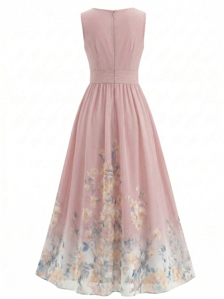 1940s Floral V-Neck Sleeveless Midi Dress - vintage dress, retro fashion, floral print for vintage lovers