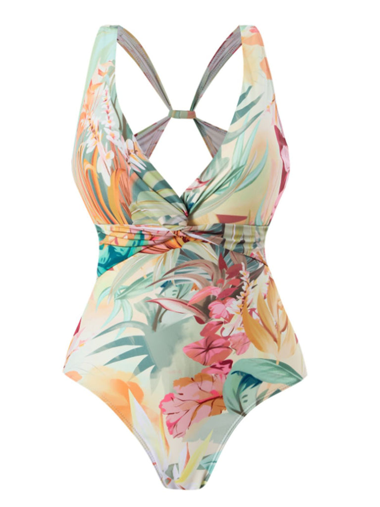 1940s Floral V-Neck Tie-Waist Swimsuit, vintage swimsuit, pin-up swimwear - perfect for women who love vintage and retro fashion
