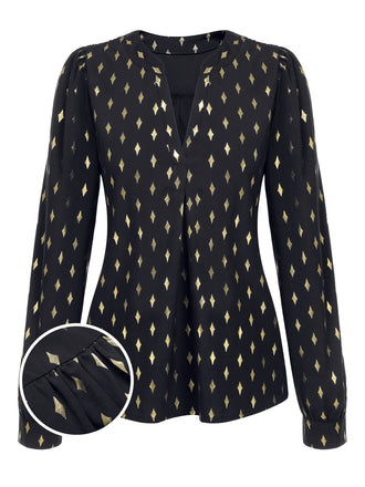 1940s Foil Stamping Stars V-Neck Blouse, vintage top, retro blouse - perfect for women who love vintage and retro fashion