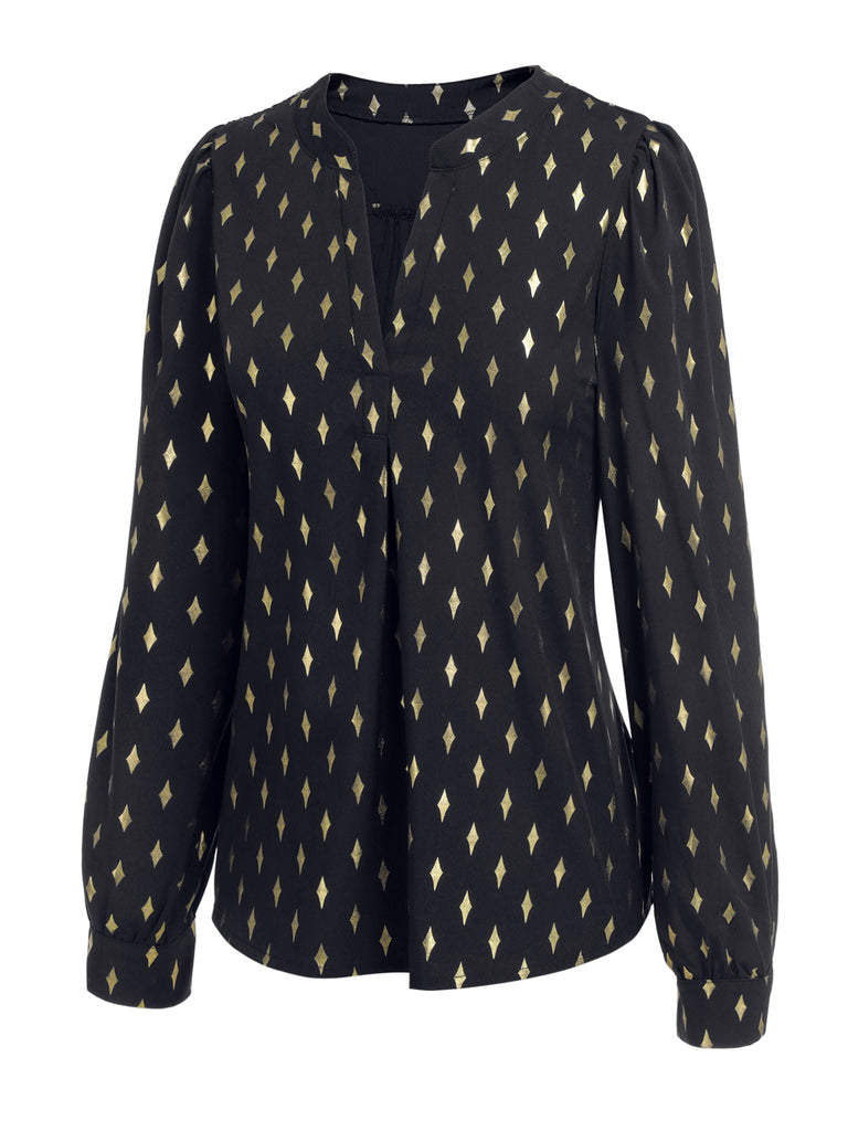 1940s Foil Stamping Stars V-Neck Blouse, vintage top, retro blouse - perfect for women who love vintage and retro fashion