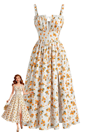 1940s Fruit Floral Tie Front Ruched A-Line Slit Midi Dress, vintage dress, retro fashion, floral print - perfect for women who love vintage and retro fashion