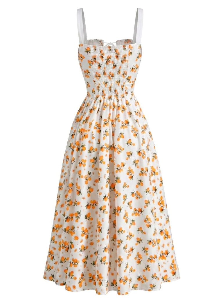 1940s Fruit Floral Tie Front Ruched A-Line Slit Midi Dress, vintage dress, retro fashion, floral print - perfect for women who love vintage and retro fashion