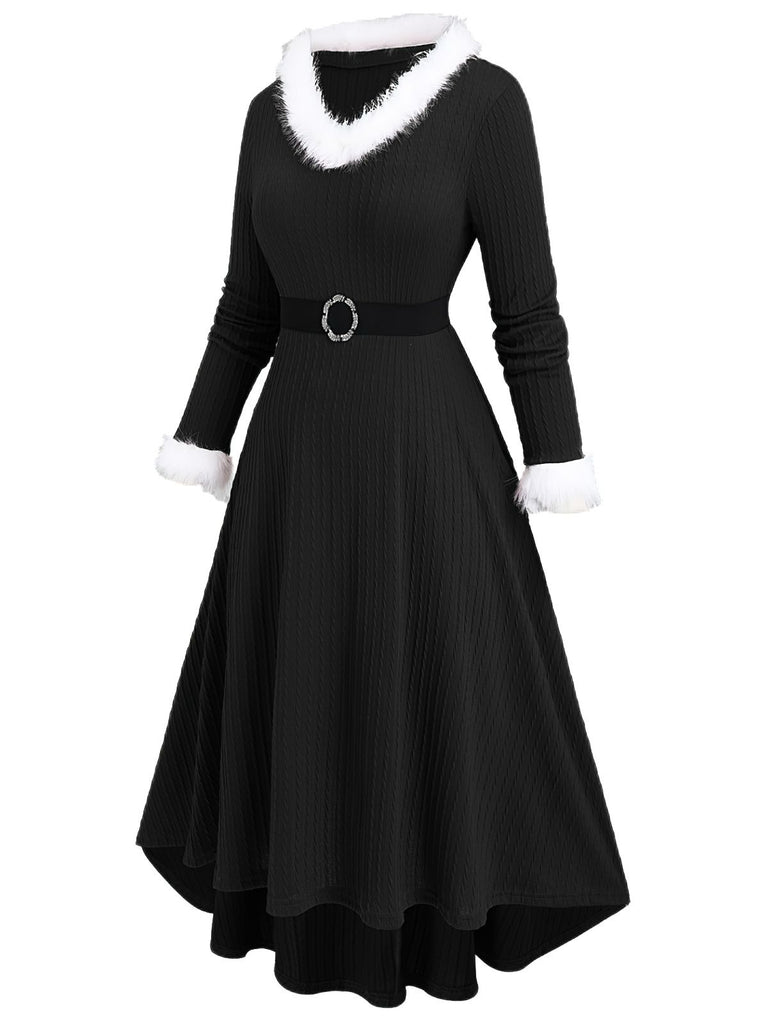 1940s Fur Collar V-Neck Belted Dress - vintage dress, retro fashion