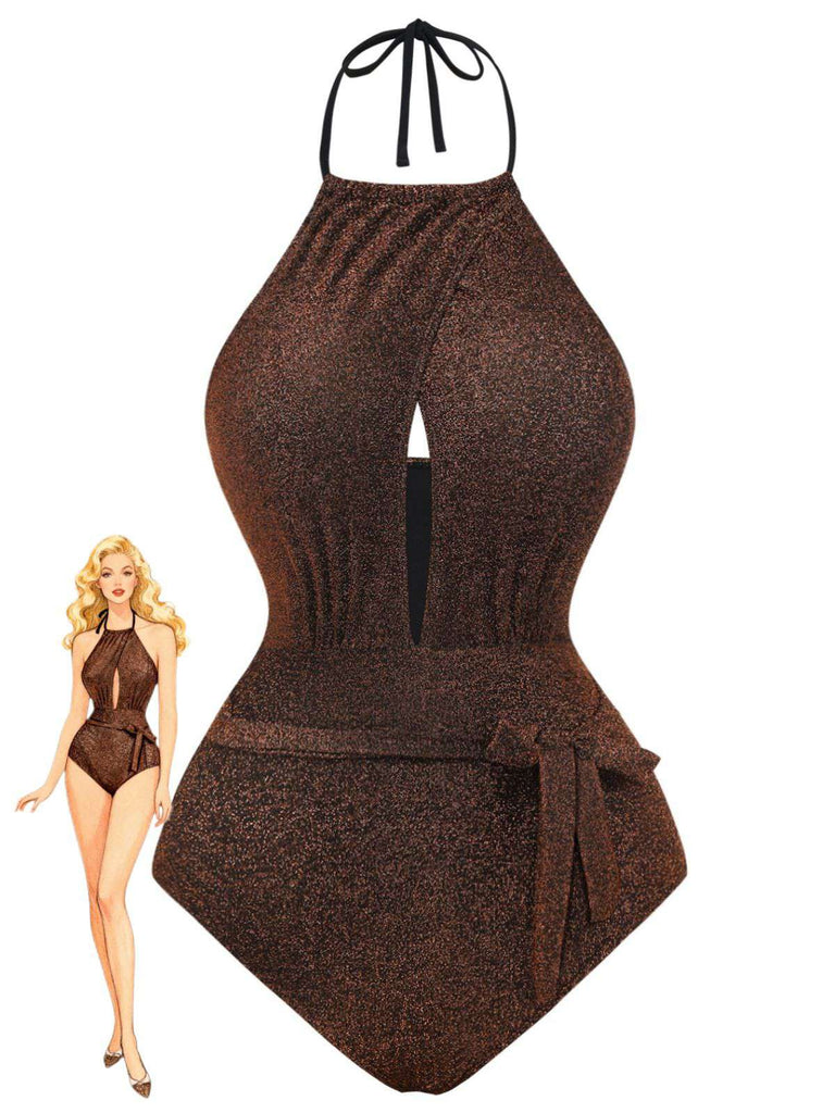 1940s Glitter Halter Cutout Bow One-Piece Swimsuit - vintage swimsuit, pin-up style