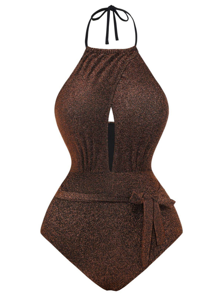 1940s Glitter Halter Cutout Bow One-Piece Swimsuit - vintage swimsuit, pin-up style