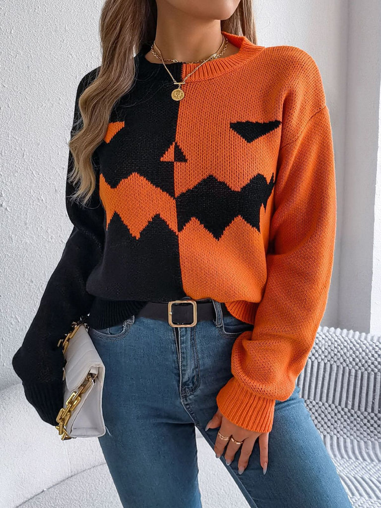 1940s Halloween Pumpkin Face ColorBlock Knit Sweater - vintage fashion, retro style