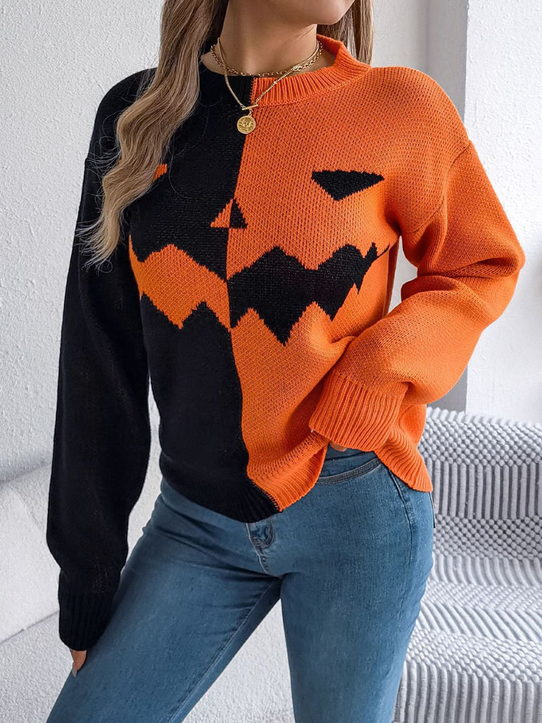 1940s Halloween Pumpkin Face ColorBlock Knit Sweater - vintage fashion, retro style
