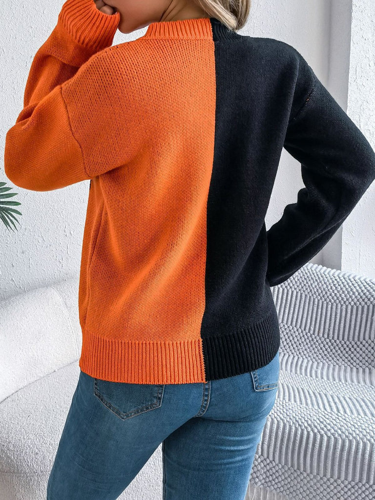 1940s Halloween Pumpkin Face ColorBlock Knit Sweater - vintage fashion, retro style