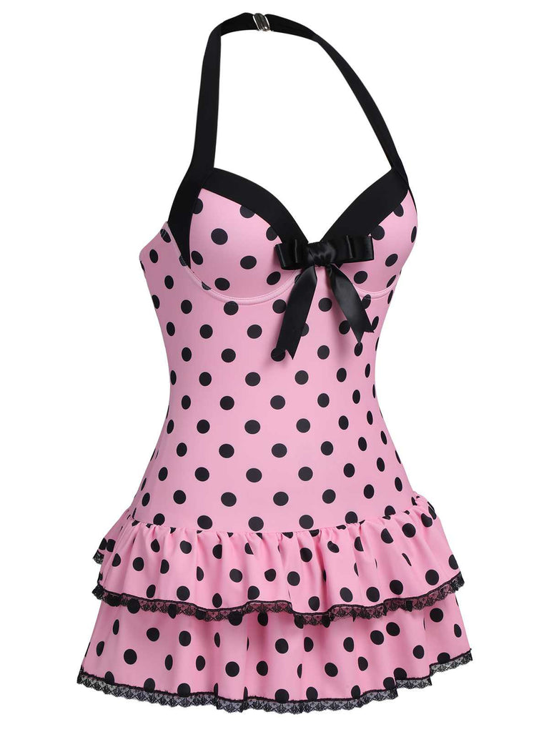 1940s Halter Dot Bow One-Piece Swimsuit: beautiful vintage swimwear, retro swimsuit, pin-up style with timeless appeal