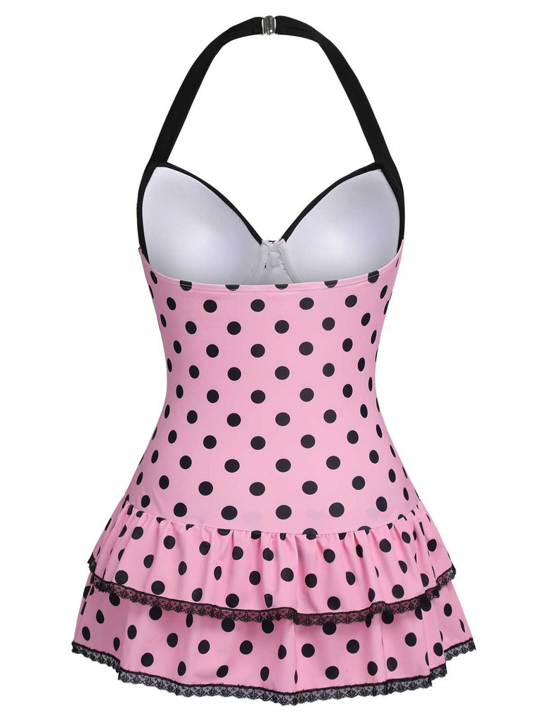 1940s Halter Dot Bow One-Piece Swimsuit | vintage swimwear, retro swimsuit, pin-up style - perfect for retro fashion enthusiasts