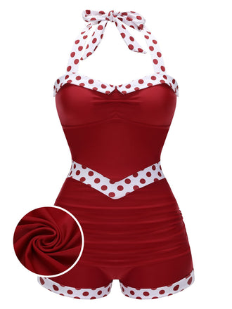 This 1940s Halter Patchwork One-piece Swimsuit carries 1940s vacation dreams in every stitch