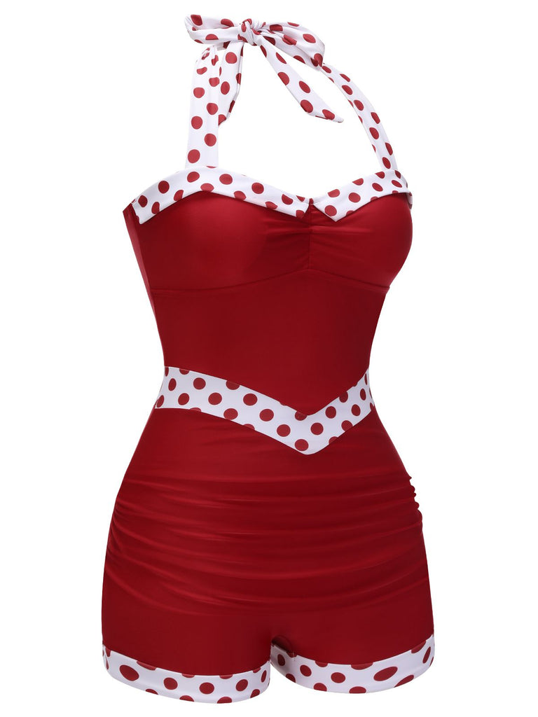 1940s Halter Patchwork One-piece Swimsuit — 1940s poolside glamour meets sun-drenched confidence