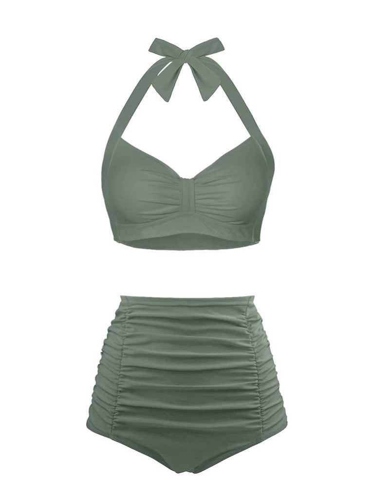 1940s Halter Pleated Solid Swimsuit — 1940s poolside glamour meets sun-drenched confidence