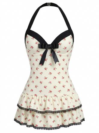 1940s Halter Polka Dots Bow One-Piece Swimsuit, classic vintage style summer beach collection