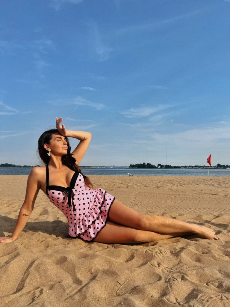 1940s Halter Polka Dots Bow One-Piece Swimsuit, classic vintage style summer beach collection