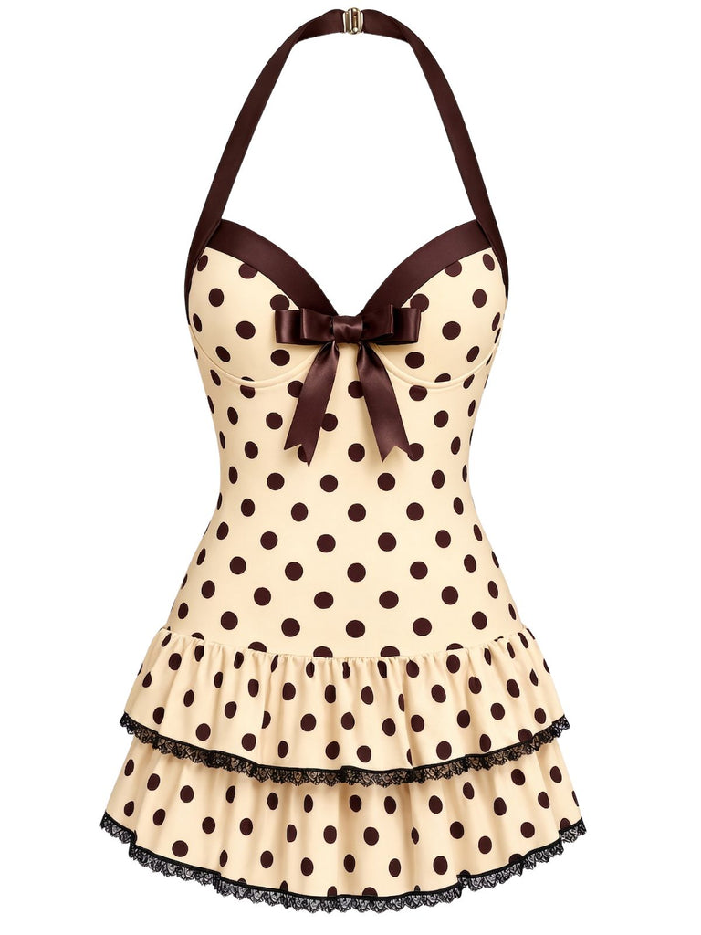 [Pre-Sale] Cream 1940s Halter Polka Dots Bow One-Piece Swimsuit, vintage swimsuit, pin-up swimwear - perfect for women who love vintage and retro fashion