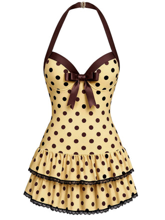 [Pre-Sale] Cream 1940s Halter Polka Dots Bow One-Piece Swimsuit, vintage swimsuit, pin-up swimwear - perfect for women who love vintage and retro fashion