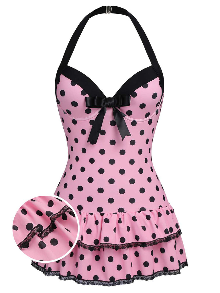1940s Halter Polka Dots Bow Swimsuit, classic vintage style summer beach collection