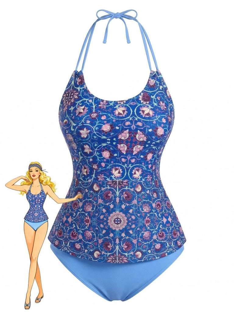 1940s Halter Retro Floral Prints Tankini Set - vintage fashion, retro style