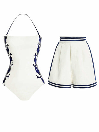 1940s Halter Swimsuit & Sailor-Stripe Shorts Set - vintage swimsuit, pin-up style