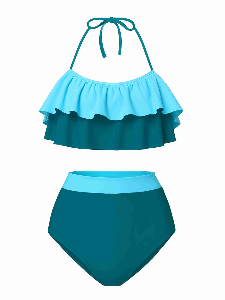 She's wearing 1940s High-Waist Colorblock Ruffled Halter Swimsuit and the whole beach remembers the 1940s