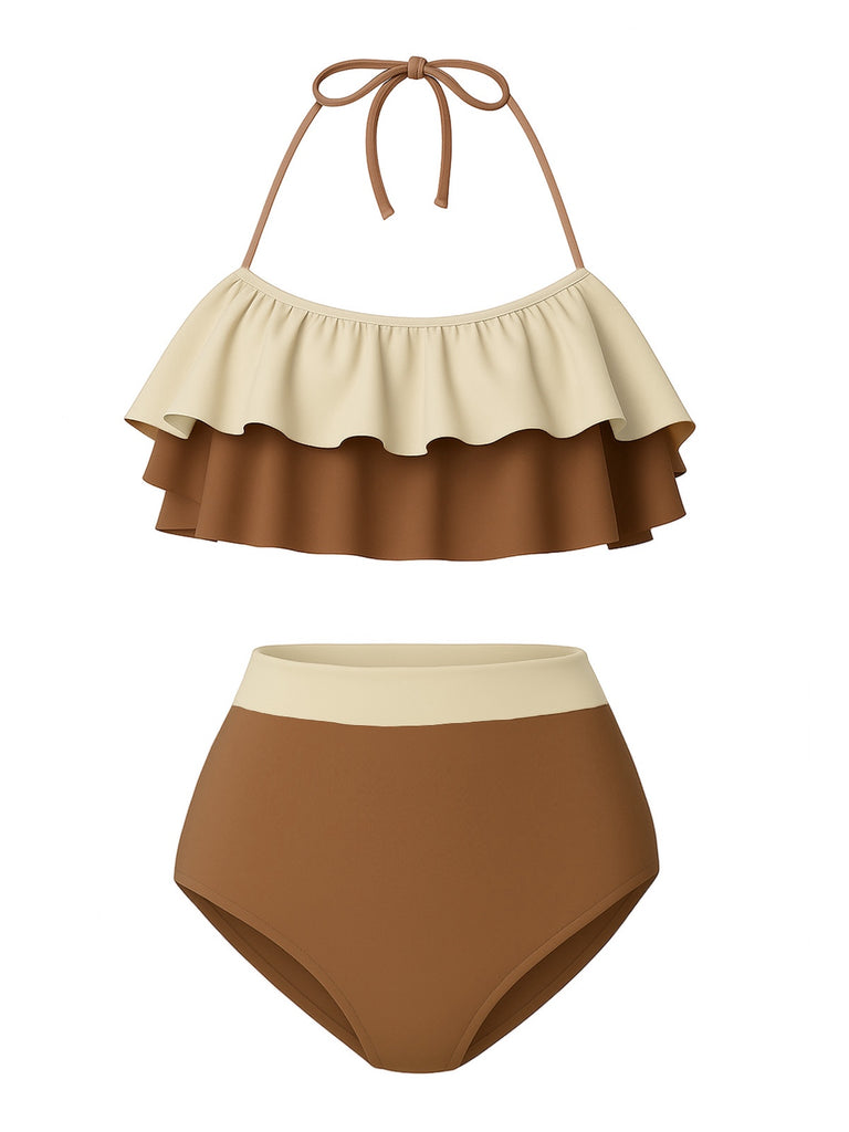 1940s High-Waist Colorblock Ruffled Halter Swimsuit — because 1940s glamour never goes out of style