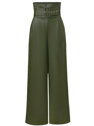 1940s High-Waist Metal Belt PU Leather Wide-Leg Pants - vintage fashion, retro style